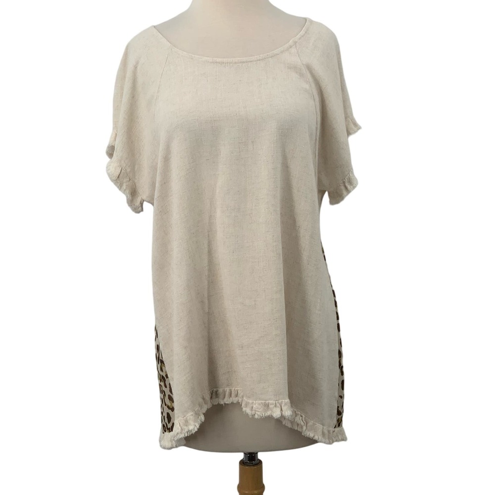 Umgee USA Short Sleeve Linen Blend Tunic/Top Cream Animal Print Fringed Size S